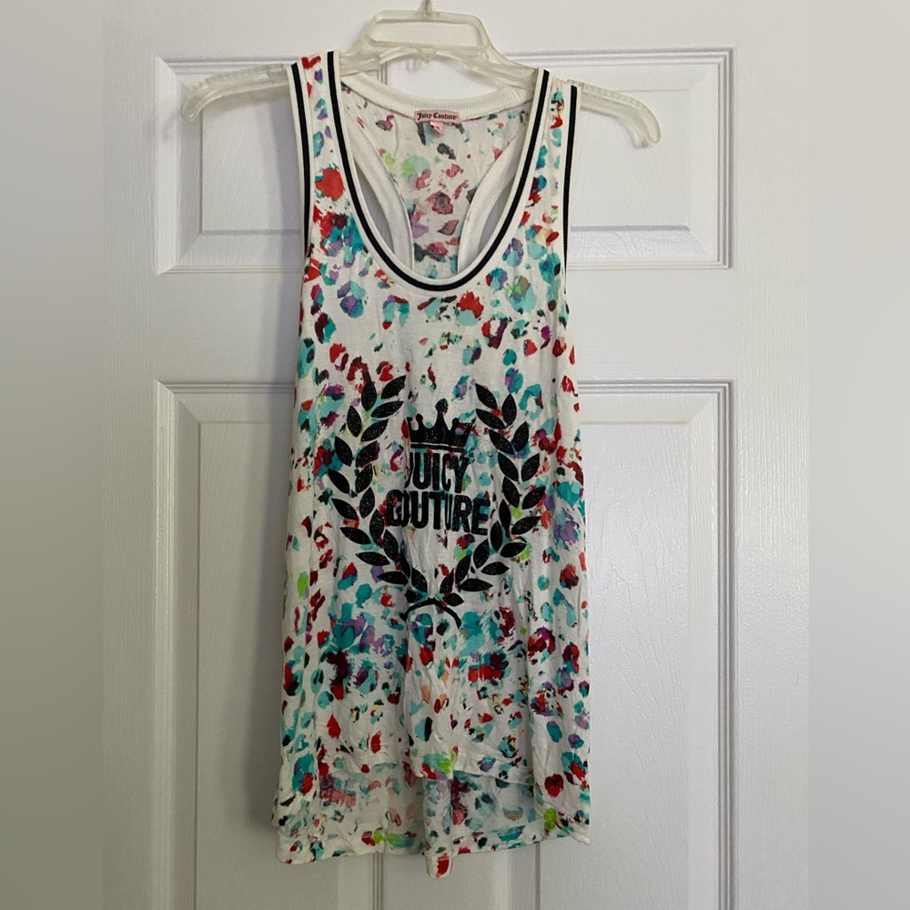 Juicy Couture White Multicolor Paint-Splash Racerback Tank